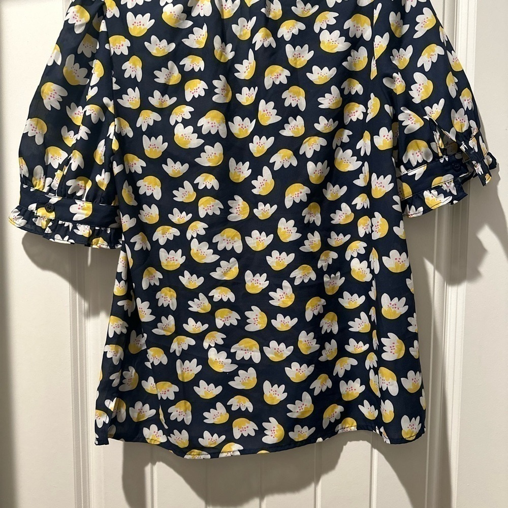 Jade By Melody yellow navy Puff Sleeve blouse summer spring shirt size medium‎ - Picture 6 of 8